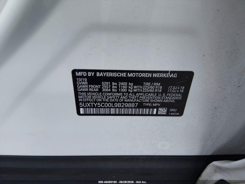 2020 BMW X3 xDrive30I VIN: 5UXTY5C00L9B29887 Lot: 45495185