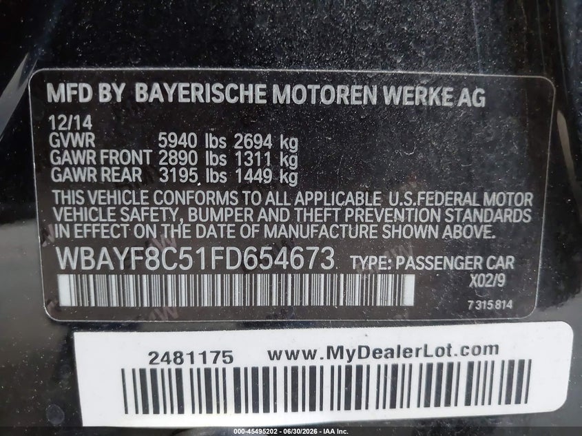 2015 BMW 750Li xDrive VIN: WBAYF8C51FD654673 Lot: 45495202