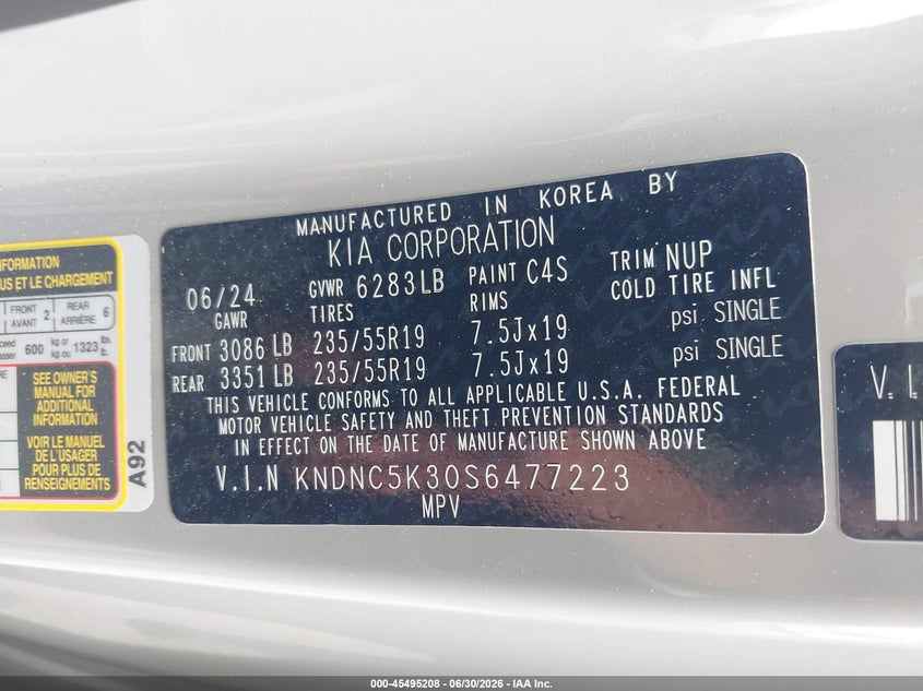 2025 Kia Carnival Mpv Ex VIN: KNDNC5K30S6477223 Lot: 45495208