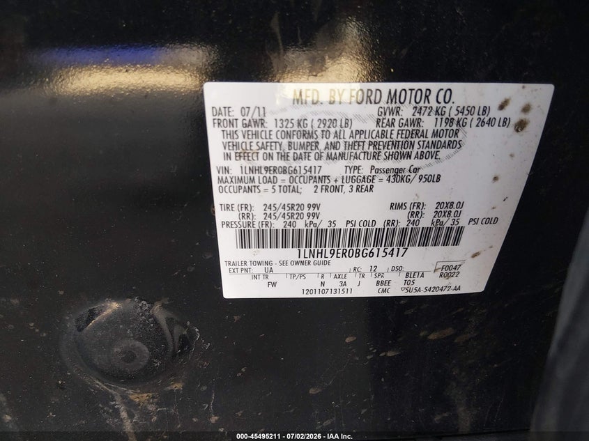 2011 Lincoln Mks VIN: 1LNHL9ER0BG615417 Lot: 45495211