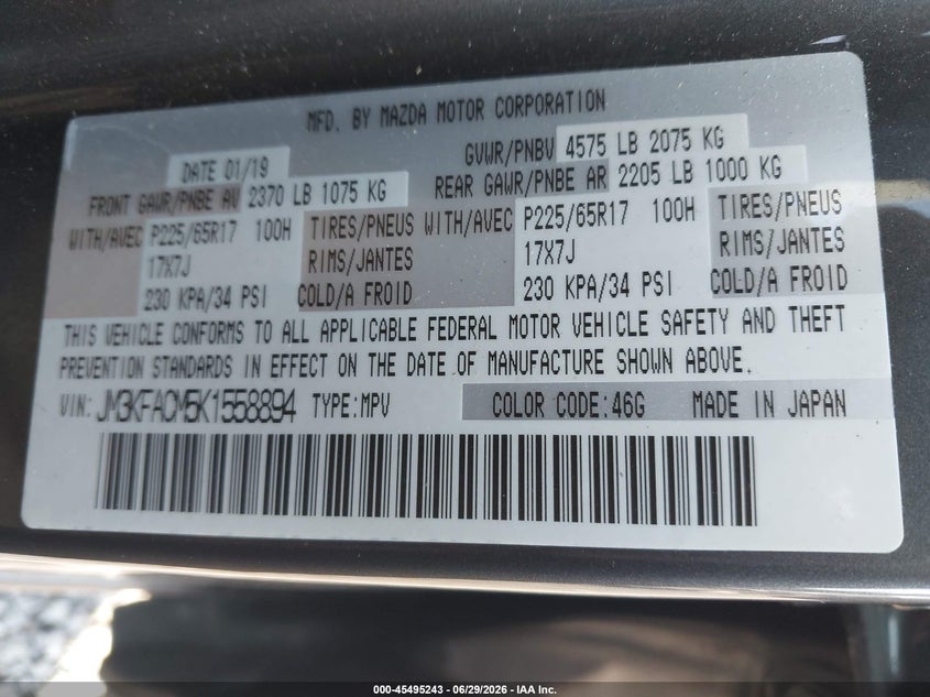MAZDA CX-5 2019 VIN JM3KFACM5K1558894