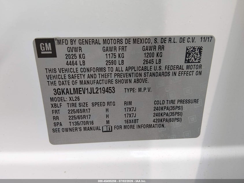 GMC TERRAIN 2018 VIN 3GKALMEV1JL219453