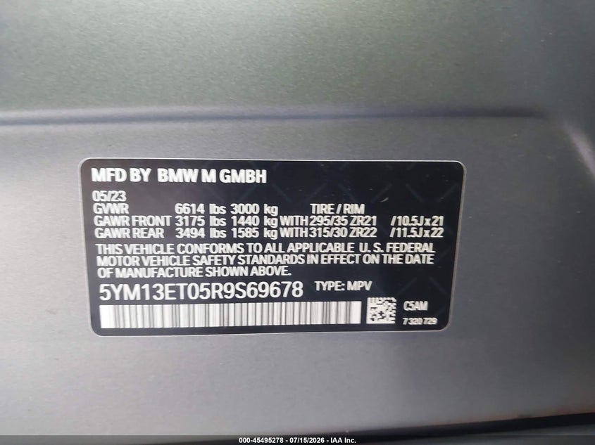 2024 BMW X5 M Competition VIN: 5YM13ET05R9S69678 Lot: 45495278