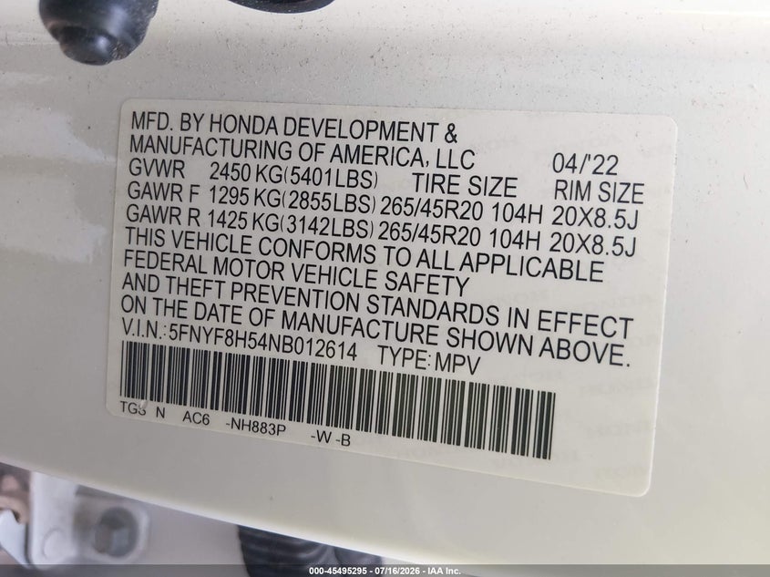 2022 Honda Passport Awd Ex-L VIN: 5FNYF8H54NB012614 Lot: 45495295