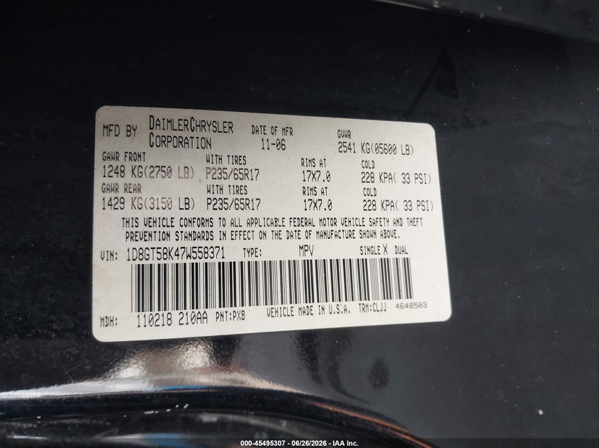 2007 Dodge Nitro Slt/Rt VIN: 1D8GT58K47W558371 Lot: 45495307