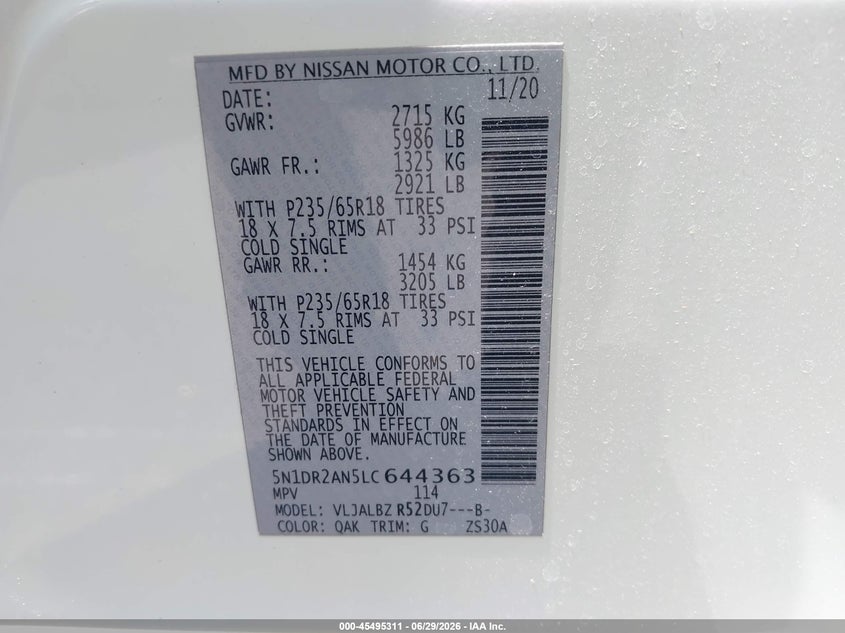 2020 Nissan Pathfinder S 2Wd VIN: 5N1DR2AN5LC644363 Lot: 45495311