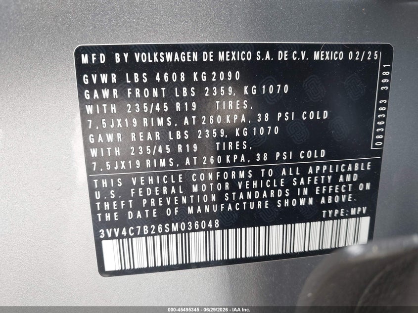 2025 Volkswagen Taos 1.5T Sel VIN: 3VV4C7B26SM036048 Lot: 45495345
