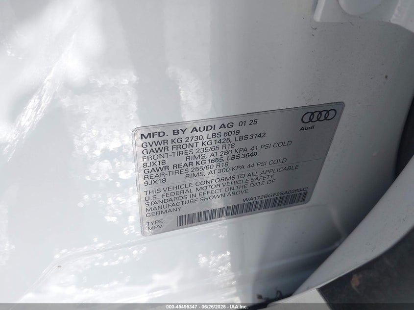 AUDI Q6 E-TRON 2025 VIN WA172BGF2SA028842