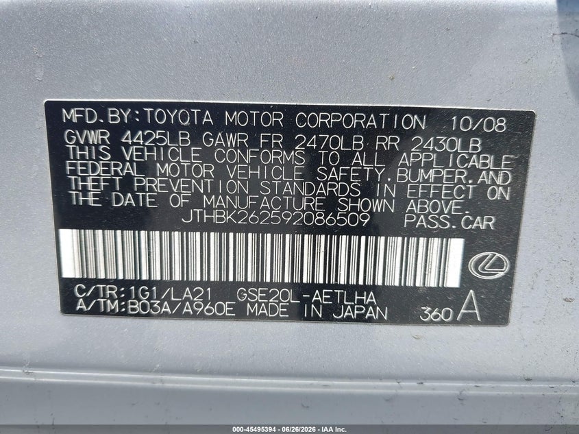 LEXUS IS 250 2009 VIN JTHBK262592086509