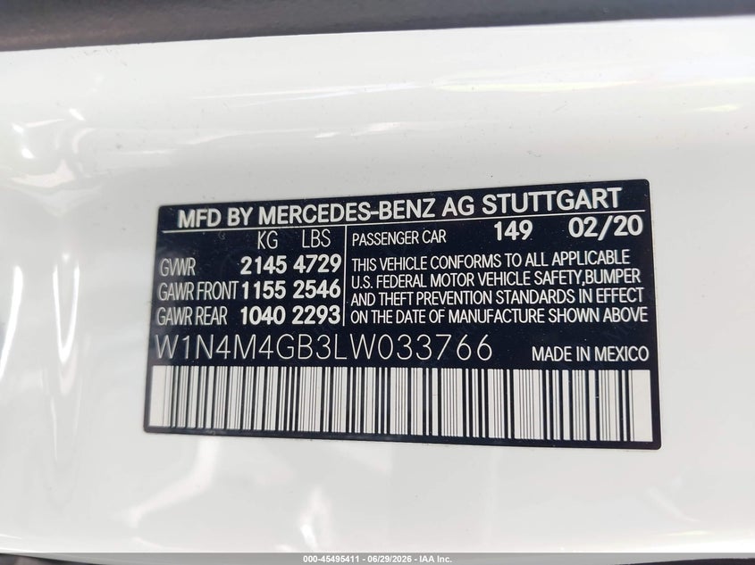 2020 Mercedes-Benz Glb 250 VIN: W1N4M4GB3LW033766 Lot: 45495411