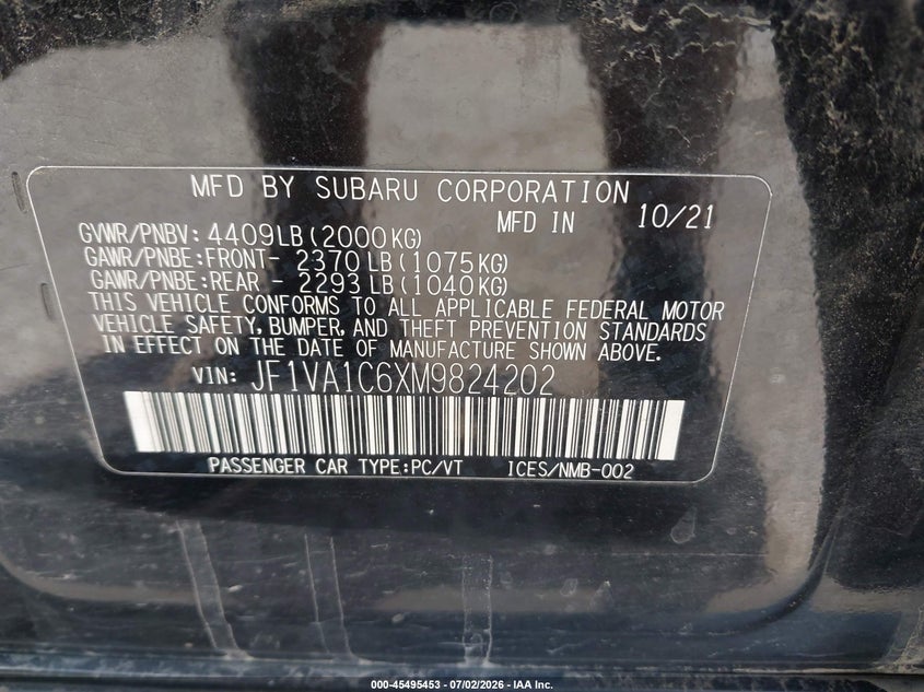 2021 Subaru Wrx Premium VIN: JF1VA1C6XM9824202 Lot: 45495453