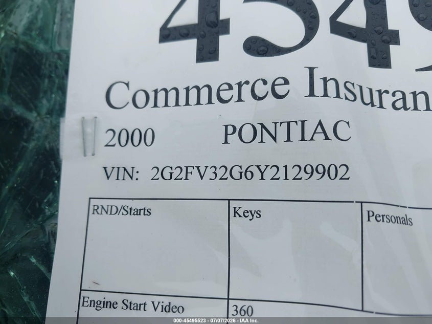 2000 Pontiac Firebird Trans Am VIN: 2G2FV32G6Y2129902 Lot: 45495523