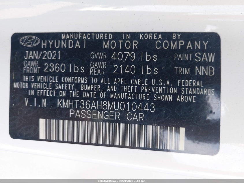 2021 Hyundai Veloster N VIN: KMHT36AH8MU010443 Lot: 45495642