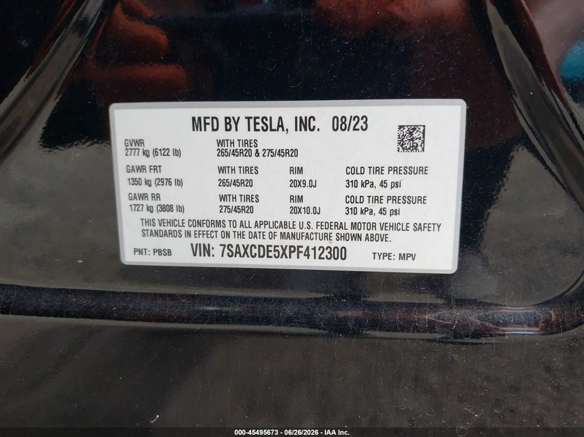 2023 Tesla Model X Dual Motor All-Wheel Drive/Standard Range VIN: 7SAXCDE5XPF412300 Lot: 45495673