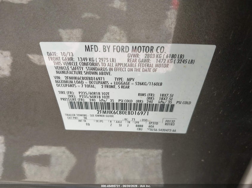 2014 Ford Flex Sel VIN: 2FMHK6C80EBD16971 Lot: 45495731