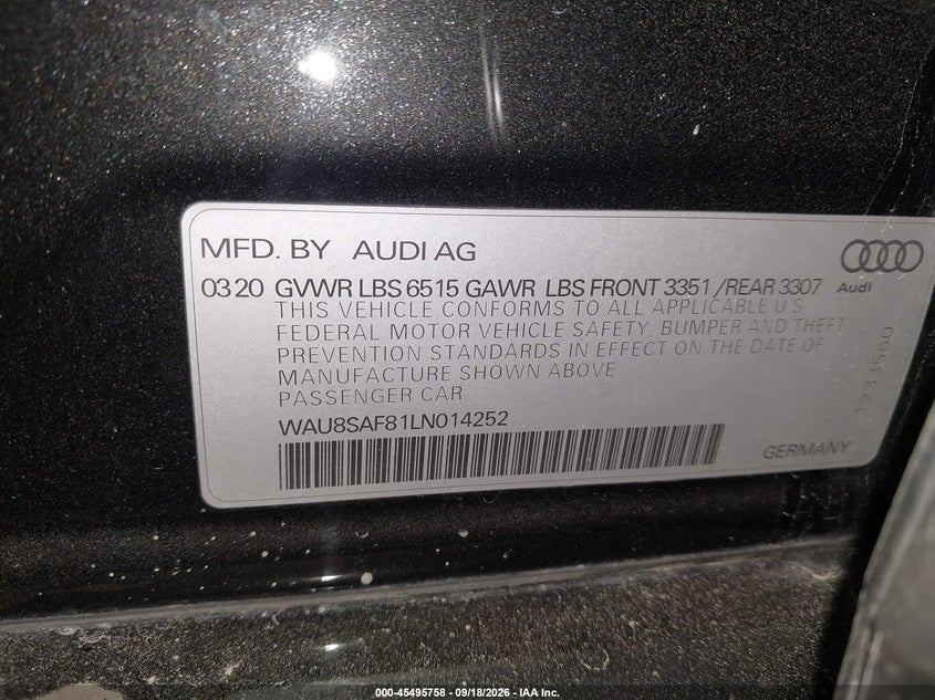 AUDI S8 2020 VIN WAU8SAF81LN014252