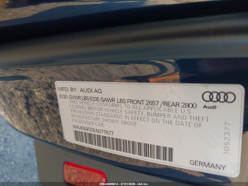 2020 Audi A6 Premium Plus 45 Tfsi Quattro S Tronic VIN: WAUE8AF20LN077677 Lot: 45495814