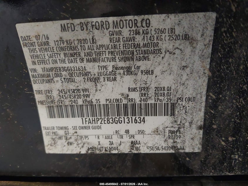 2016 Ford Taurus Sel VIN: 1FAHP2E83GG131634 Lot: 45495842