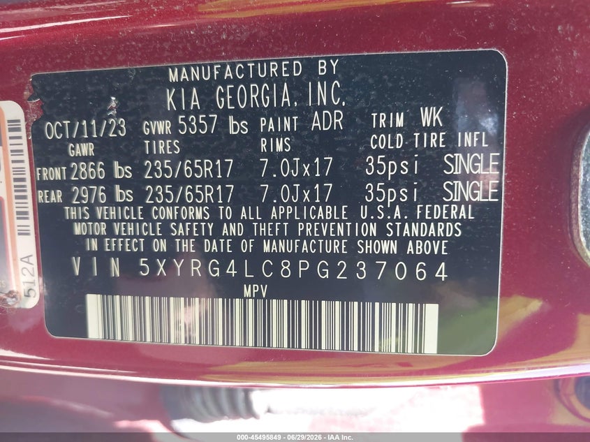 KIA SORENTO 2023 VIN 5XYRG4LC8PG237064