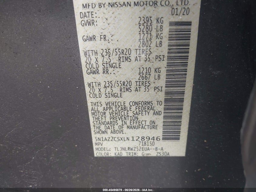 NISSAN MURANO 2020 VIN 5N1AZ2CSXLN128946