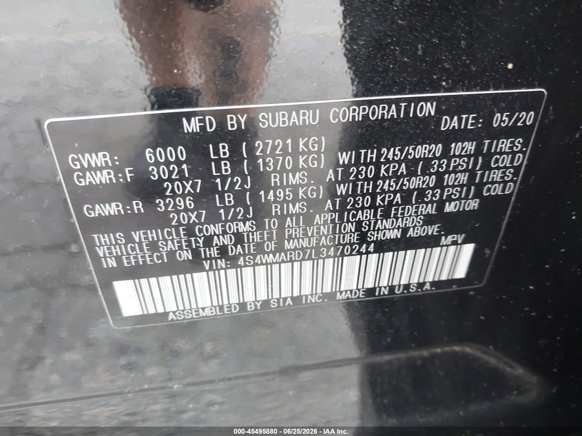 2020 Subaru Ascent Touring VIN: 4S4WMARD7L3470244 Lot: 45495880