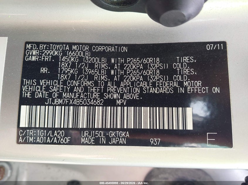 2011 Lexus Gx 460 VIN: JTJBM7FX4B5034682 Lot: 45495998