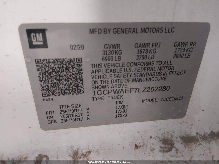 CHEVROLET SILVERADO 1500 2020 VIN 1GCPWAEF7LZ252280