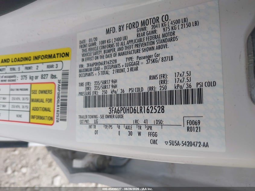 2020 FORD FUSION SEDAN 1.5L I-4 DI, DOHC, VVT, TURBO, 181HP