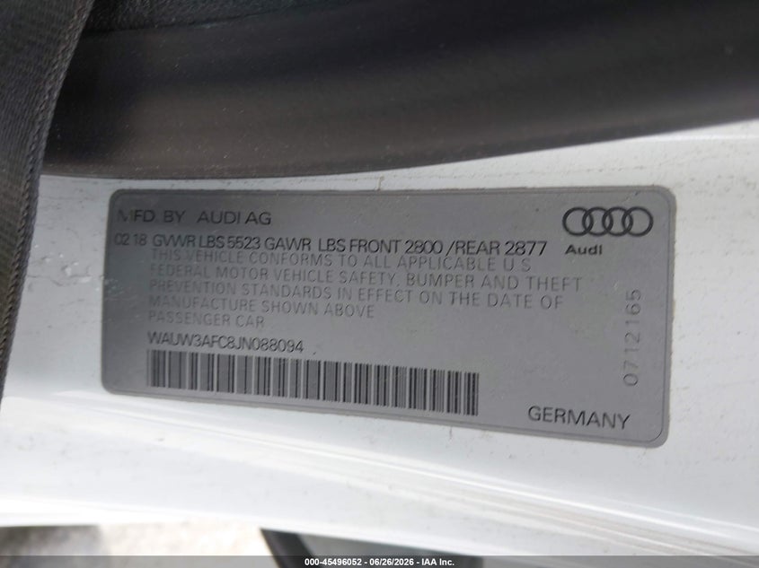 2018 Audi A7 3.0T Premium Plus VIN: WAUW3AFC8JN088094 Lot: 45496052