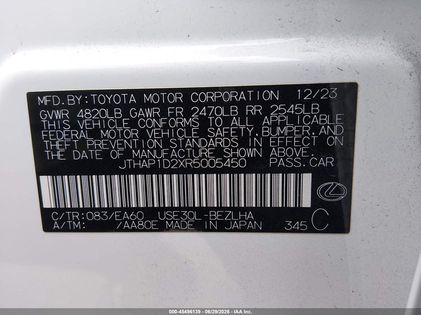 LEXUS IS 500 2024 VIN JTHAP1D2XR5005450
