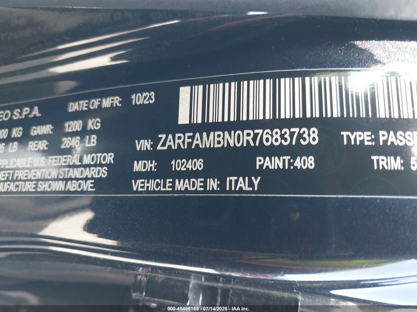 2024 Alfa Romeo Giulia Veloce Rwd VIN: ZARFAMBN0R7683738 Lot: 45496169