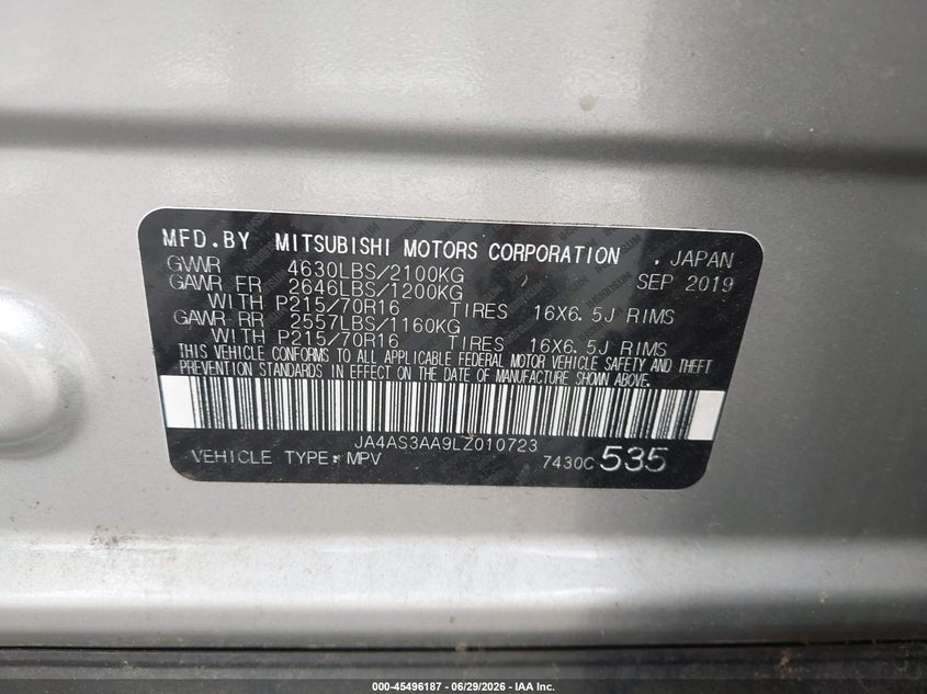 2020 Mitsubishi Eclipse Cross Es 1.5T VIN: JA4AS3AA9LZ010723 Lot: 45496187