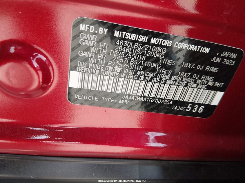2024 Mitsubishi Eclipse Cross Sel S-Awc VIN: JA4ATWAA1RZ003854 Lot: 45496212