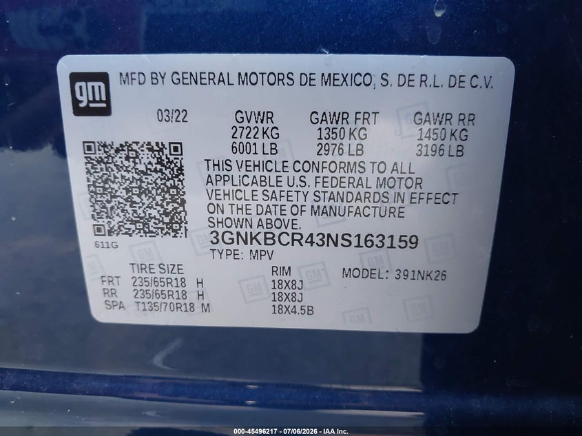 2022 Chevrolet Blazer Fwd 2Lt VIN: 3GNKBCR43NS163159 Lot: 45496217