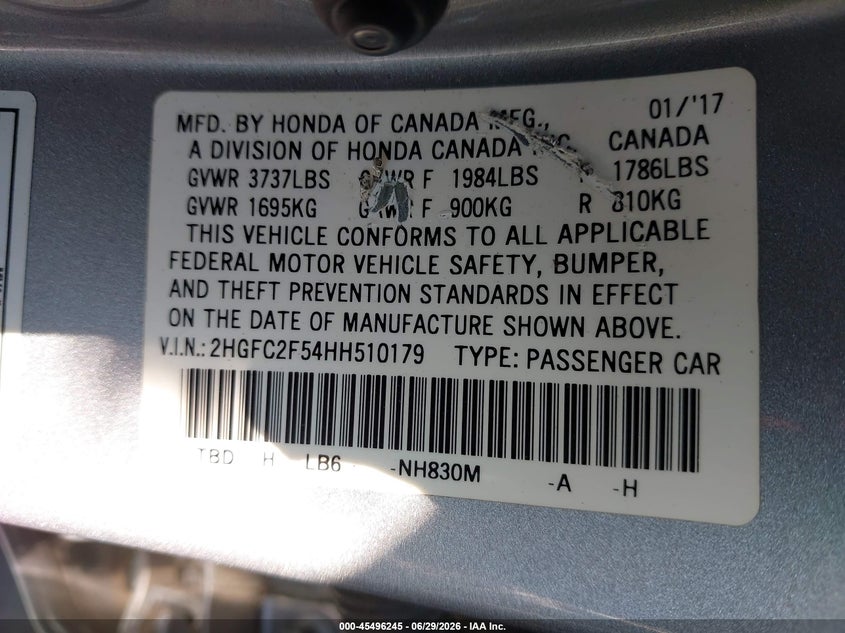 2017 HONDA CIVIC SEDAN 2.0L I-4 DOHC, VVT, 158HP