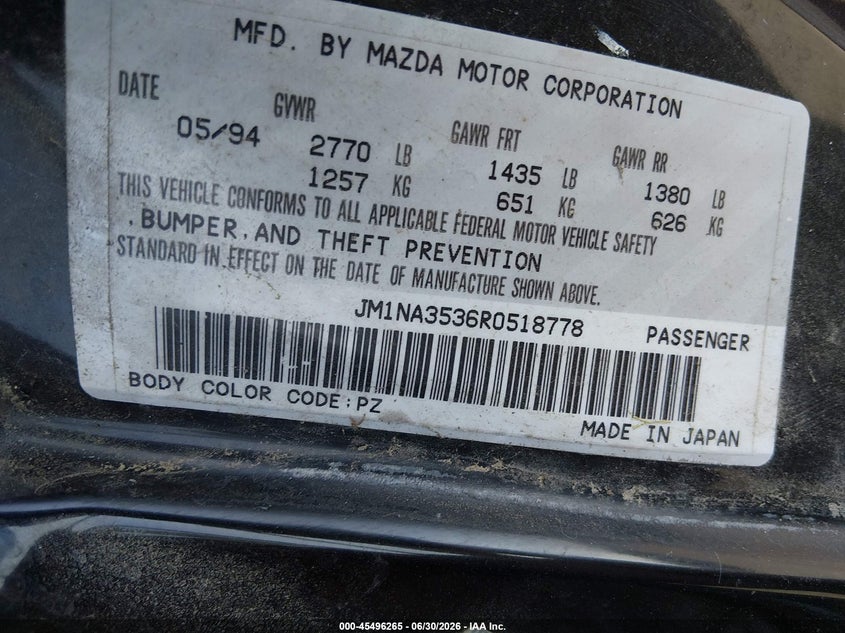 1994 Mazda Mx-5 Miata VIN: JM1NA3536R0518778 Lot: 45496265