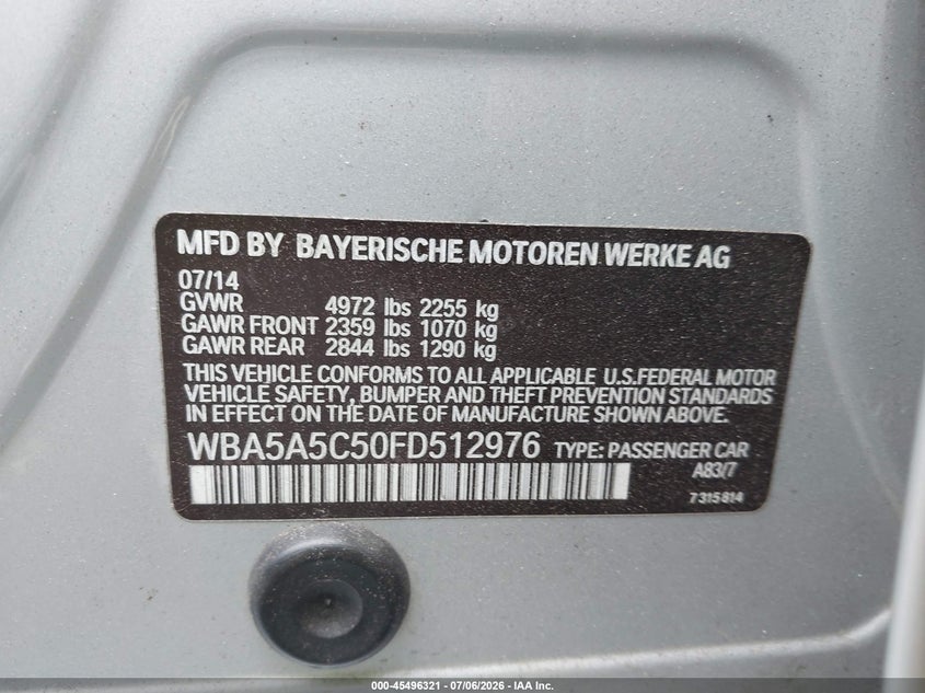 2015 BMW 5ER SEDAN 2.0L I-4 DI, DOHC, VVT, TURBO, 240HP