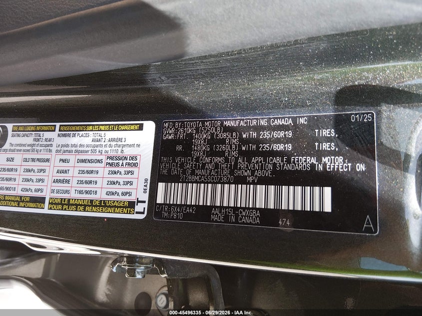 LEXUS RX 350H 2025 VIN 2T2BBMCA5SC073870