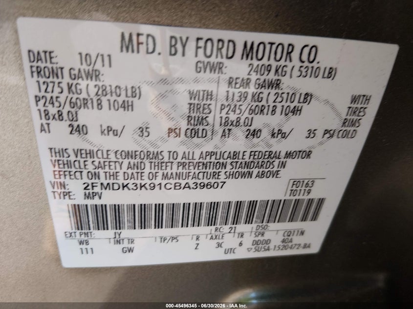 FORD EDGE 2012 VIN 2FMDK3K91CBA39607