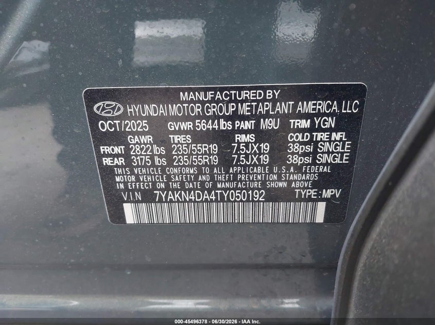 2026 Hyundai Ioniq 5 Sel VIN: 7YAKN4DA4TY050192 Lot: 45496378