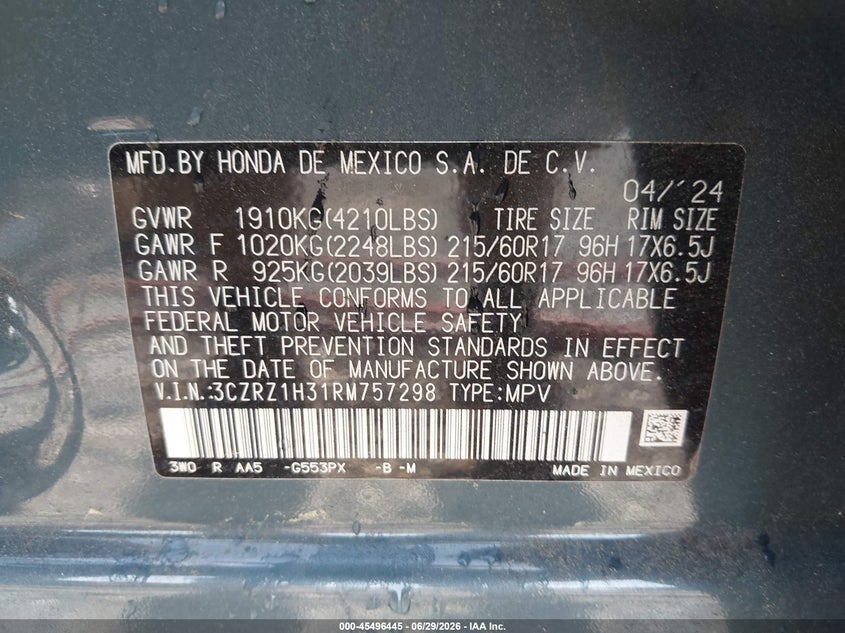 HONDA HR-V 2024 VIN 3CZRZ1H31RM757298