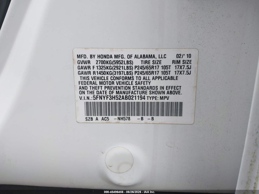 2010 HONDA PILOT SPORT UTILITY VEHICLE 3.5L V-6 VVT, 250HP