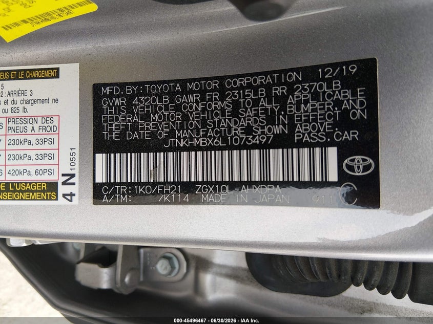 2020 Toyota C-Hr Le VIN: JTNKHMBX6L1073497 Lot: 45496467