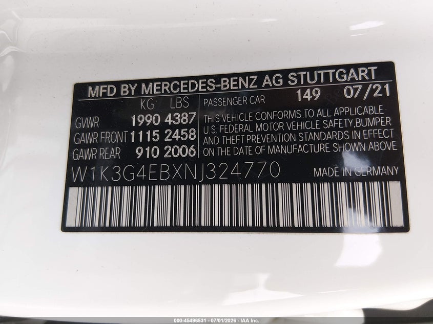 2022 Mercedes-Benz A 220 VIN: W1K3G4EBXNJ324770 Lot: 45496531