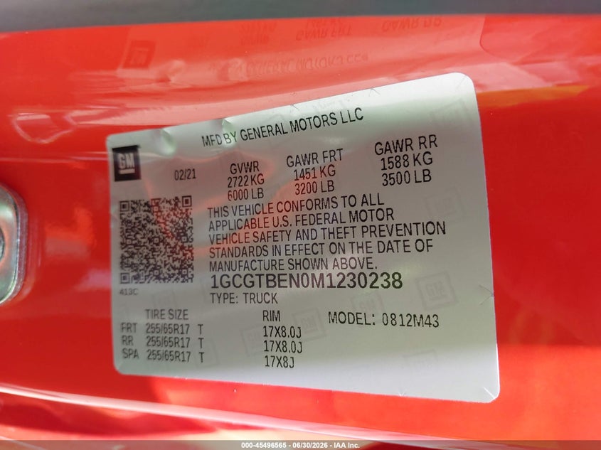 CHEVROLET COLORADO 2021 VIN 1GCGTBEN0M1230238