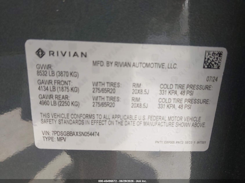 2025 Rivian R1S Adventure Dual Motor Large Pack/Adventure Dual Motor Max Pack VIN: 7PDSGBBAXSN054474 Lot: 45496572