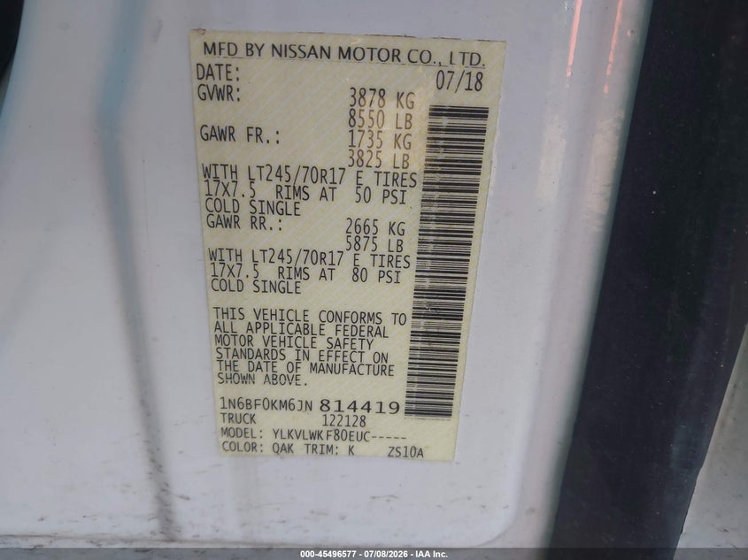 2018 Nissan Nv Cargo Nv1500 S V6 VIN: 1N6BF0KM6JN814419 Lot: 45496577