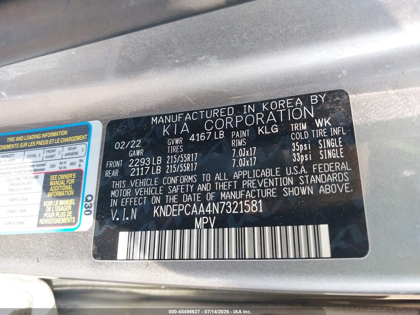 2022 Kia Seltos Lx VIN: KNDEPCAA4N7321581 Lot: 45496627