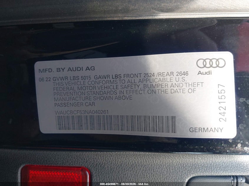 2022 Audi A5 Sportback Premium Plus 40 Tfsi Quattro S Tronic VIN: WAUCBCF53NA040261 Lot: 45496671
