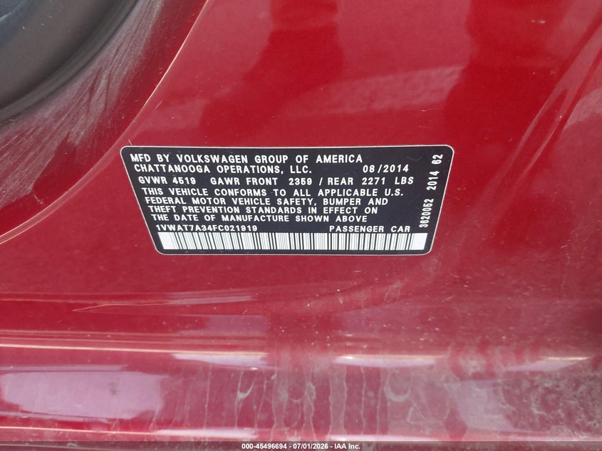 VOLKSWAGEN PASSAT 2015 VIN 1VWAT7A34FC021919